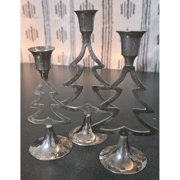 International Silver Co Silverplate Christmas Tree Candlestick Holders 3pc EUC - Picture 1 of 6